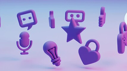 Floating Purple 3D Social Media Icons on Gradient Background - Powered by Adobe