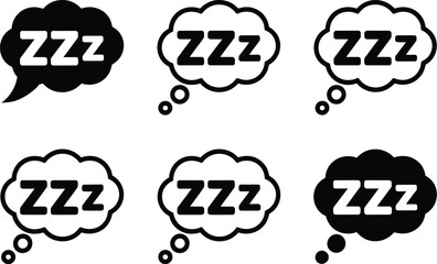 Six black and white sleep bubble icons with zzz inside representing snoring or sleeping