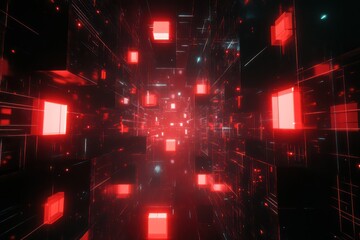 Red Cube Formations in Vanishing Perspective. Abstract Background