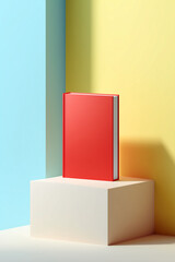 Minimalist Red Book Presentation on Geometric Block with Bright Colorful Wall Backdrops, Abstract