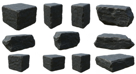 Illustration Assortment of Rough Black Granite Blocks Texture on Transparent