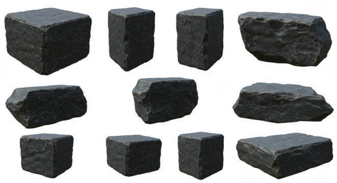 Illustration Assortment of Rough Black Granite Blocks Texture on Transparent