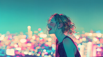 都会の夜景と笑顔の若い女性
