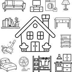 Home Sweet Home  Line Art Illustrations of House and Household Items