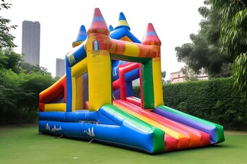 Colorful Inflatable Castle Bounce House with Slide for Kids Parties & Events | Outdoor Fun & Entertainment | Playful Design