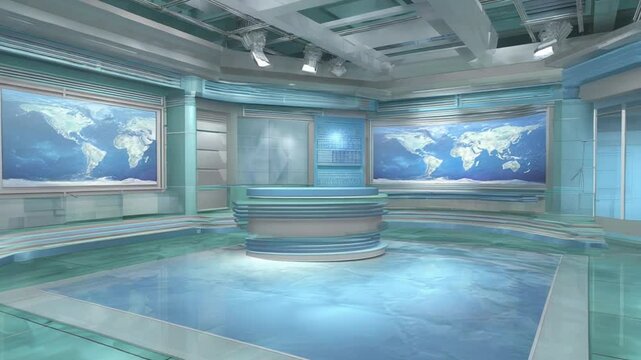 Modern Virtual News Studio Background with World Map for Broadcast and Presentation Use