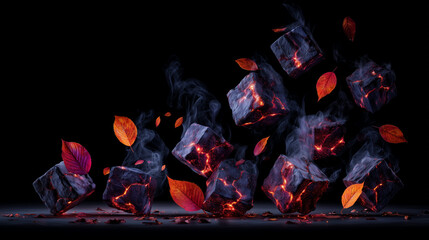 Mystical Glowing Cubes Floating with Autumnal Leaves Against Dark Background