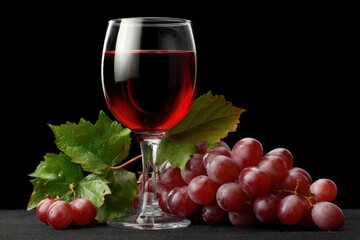Red wine in a glass with grapes and leaves against a black backdrop