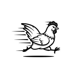 Cartoon chicken sprinting at full speed with wings spread and motion lines, showing a determined, energetic expression.