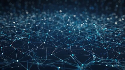 Obraz premium Abstract digital background with glowing blue particles, connected nodes, and polygon lines on a dark gradient. Futuristic and tech-inspired, perfect for modern design use.