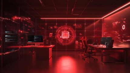 Futuristic Digital Office Lit by Red Neural Network Patterns. Abstract Background