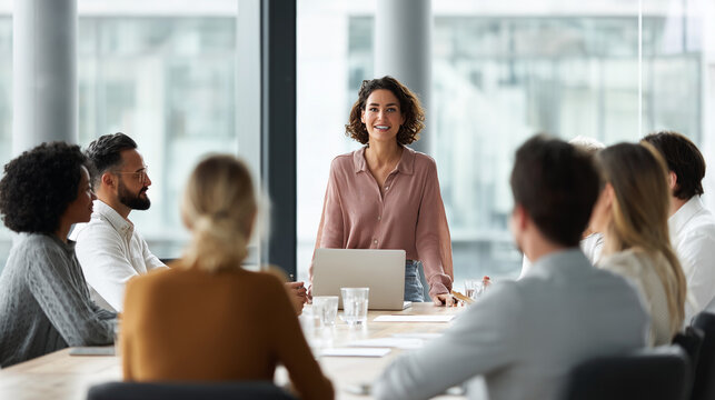 Women CEO presenting her employees in a board room - Powered by Adobe