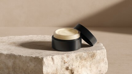Cream round jar with a black matte lid sits on a soft beige stone surface. The minimalistic skincare container mockup
