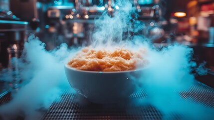 Bowl of food with dry ice smoke.