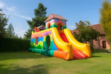 Colorful Inflatable Bounce House Slide for Kids Party Fun: Outdoor Play Equipment on Green Lawn for Backyard Events and Children's Entertainment