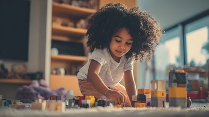 A young Black girl is seated on the floor of a therapy office surrounded by educational toys blocks and shapes engaging in a fun and nurturing learning experience