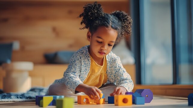 A young child likely a black girl playing with colorful wooden blocks and building toys on the floor of an elementary school classroom  The scene has a contemporary cinematic lighting setup