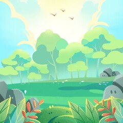 depicts a bright and serene forest scene landscape with trees