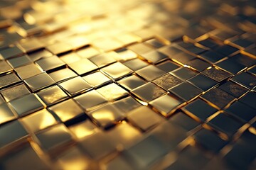A shiny golden wall with squares of different sizes, each square filled with sparkling glitter and glowing like gold dust.