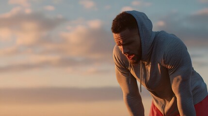 Weary athlete resting and regaining breath after an intense outdoor exercise session in a cinematic natural setting