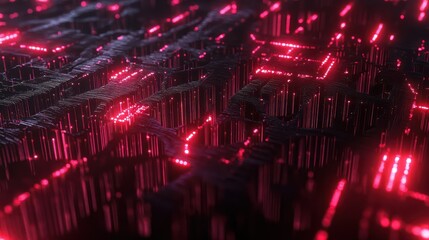 Red Glowing Neural Connections in Digital Space. Abstract Background