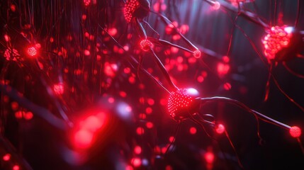 Red Neon Neural Network with Glowing Connections. Abstract Background