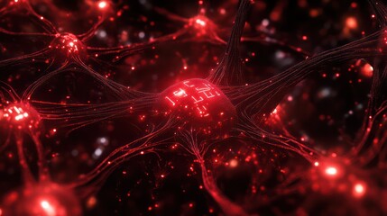 Red Neural Network with Glowing Digital Connections. Abstract Background