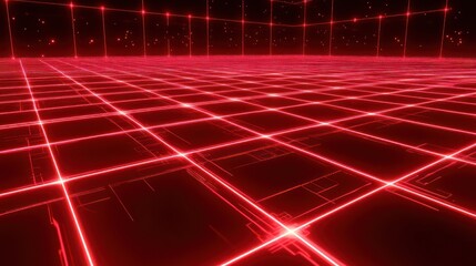 Glowing Red Digital Grid with Circuits in Cyberpunk Style. Abstract Background