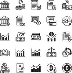 Financial icons depicting currency exchange banking and investment growth coins document