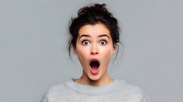 Portrait of a woman with a surprised excited facial expression in a studio setting with contemporary cinematic lighting