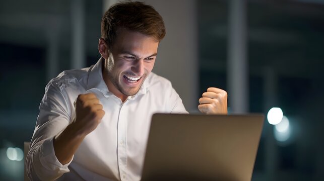 A smiling enthusiastic employee in an office setting celebrates a successful promotion award or special offer on their laptop expressing joy and achievement