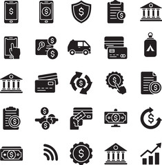 Financial icons depicting transactions and security measures finance money