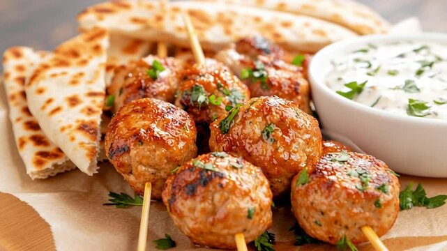 Savory Meatball Skewers: Mouthwatering close-up captures a feast of succulent meatball skewers, alongside warm pita bread and a refreshing tzatziki dip, a delightful culinary experience.