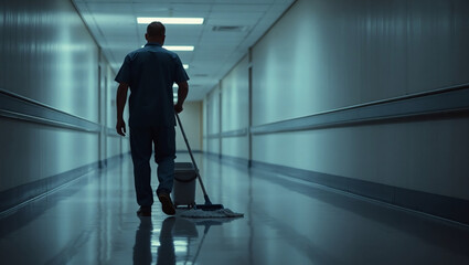 Solitary Janitor Walking Down a Long Dimly Lit Hospital Corridor at Night.