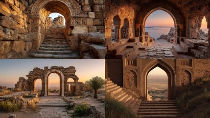 Historic archways and staircases illuminate in sunset light / ancient fortresses.