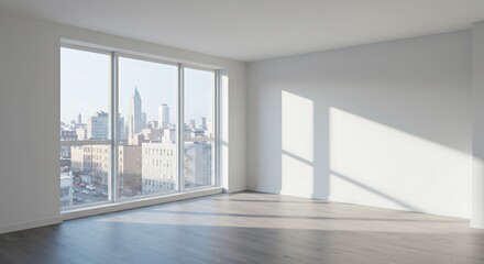 Fototapeta premium Empty Sunny Room with Gray Wood Floor and City View