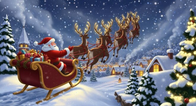 Santa Claus flying his sleigh pulled by reindeer over a snowy village delivering gifts during Christmas night - Powered by Adobe