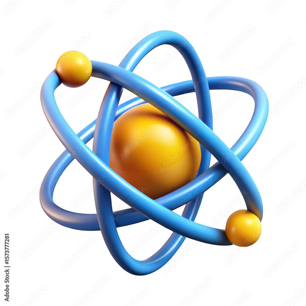 Poster 3d atomic model with blue orbits and yellow nucleus isolated on transparent background
