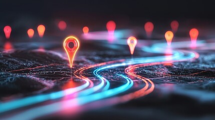 A futuristic landscape featuring vibrant navigation markers along illuminated paths, symbolizing connectivity and direction in a digital world.