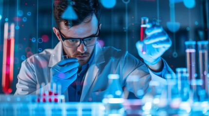 A focused scientist examines a test tube in a high-tech lab, illuminated by colorful lights, showcasing the modern world of chemistry and research.