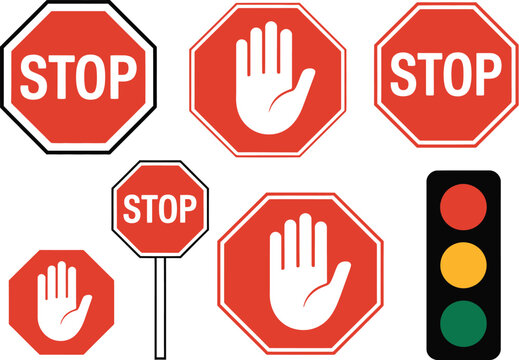 A collection of stop signs with varying designs and a traffic light on a gray background