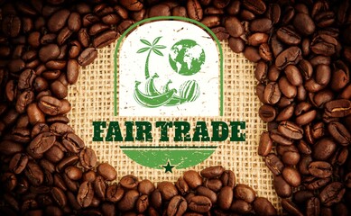 Fair trade logo is being displayed in flat style on burlap, with coffee beans framing emblem