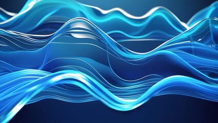 Transparent glass-like digital waves in cyan and electric blue tones, layered and flowing on a dark blue background, glowing edge highlights, soft focus, futuristic feel.