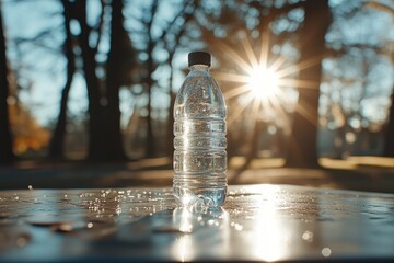 Close-up of a water bottle on a table in a park, with a blurred background of sunlight and trees.