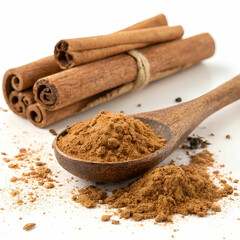 Aromatic cinnamon sticks and ground powder in wooden spoon, isolated on white background.