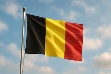 Waving belgian flag flying high with wind and sunlight on belgian national day showing colors of unity and pride
