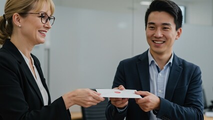Close-up of coworkers exchanging small gifts or documents with happy expressions, conveying support and sharing in a professional atmosphere.