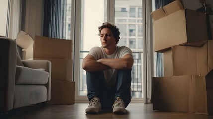 A pensive man is seen surrounded by packing boxes in a contemporary dimly lit apartment suggesting an impending move or eviction