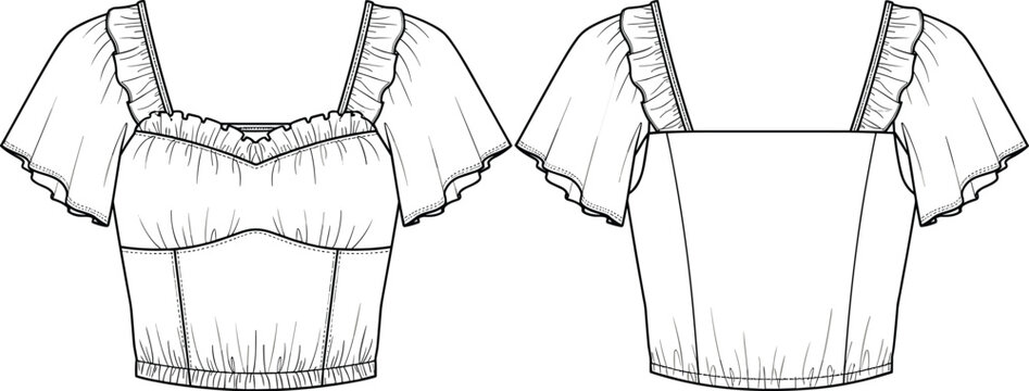 CAD cropped top sketch, ruffled neckline design, short puff sleeves, gathered hem detail, front and back view, fashion vector illustration, technical garment drawing