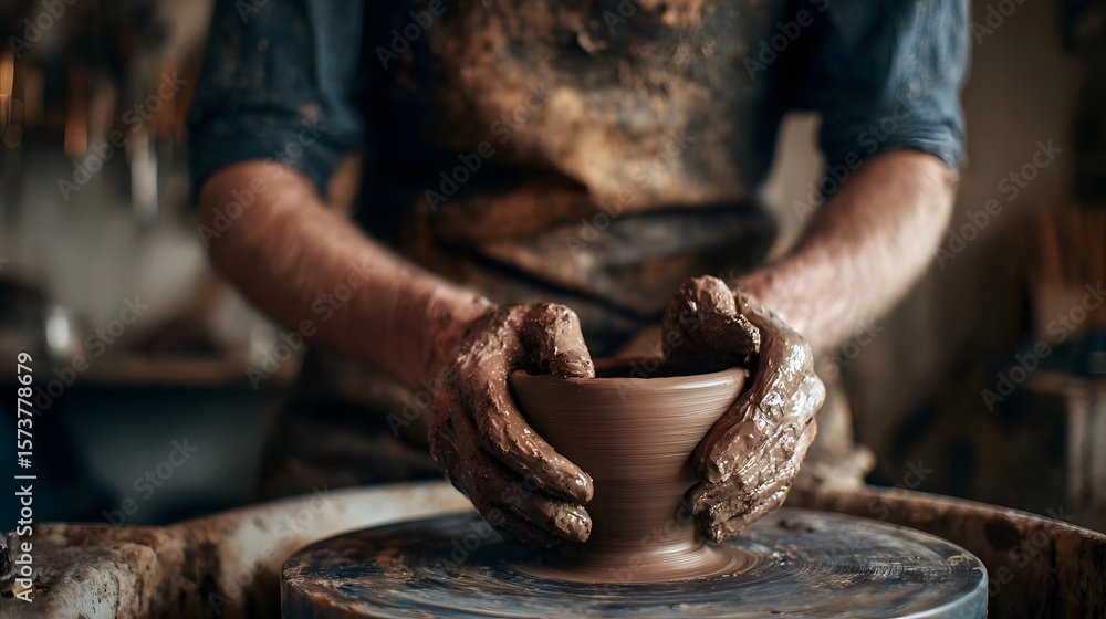Poster person in a pottery workshop working with clay to design and sculpt creative ceramic objects for the